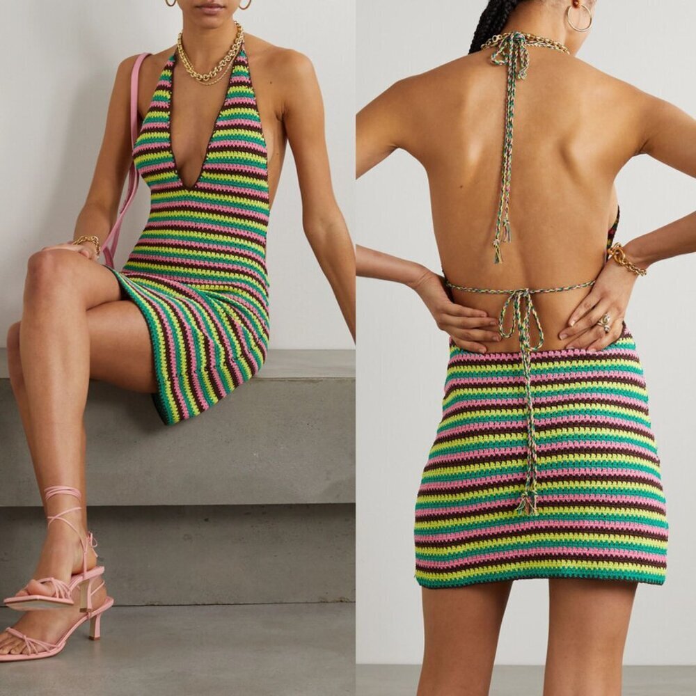 Frame x Julia Sarr Jamois Pink Green Striped Crochet Halter Mini Dress Size M - Picture 1 of 11